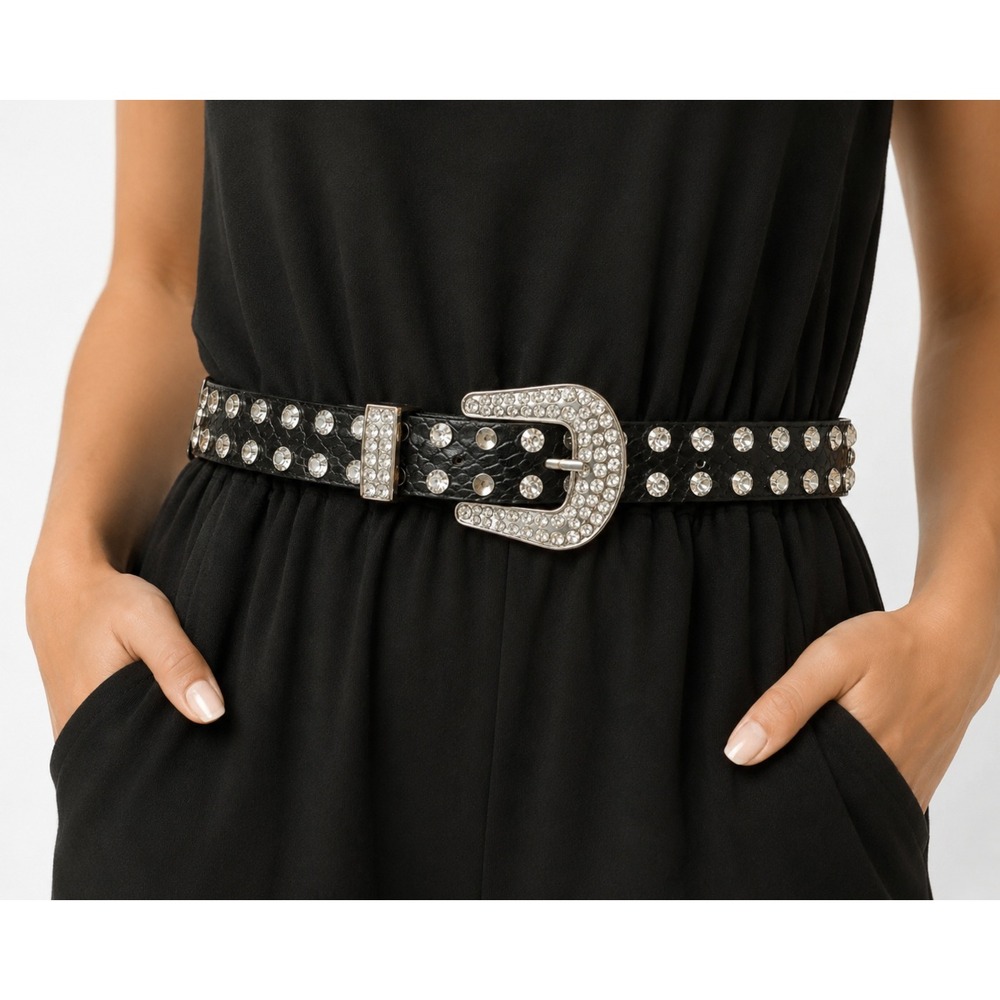 Women's Biker Gothic Rock & Roll Western Studs & Gems Genuine Leather Belt OS